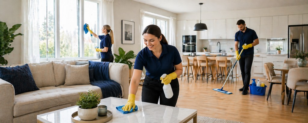 Professional cleaning team working in a bright home