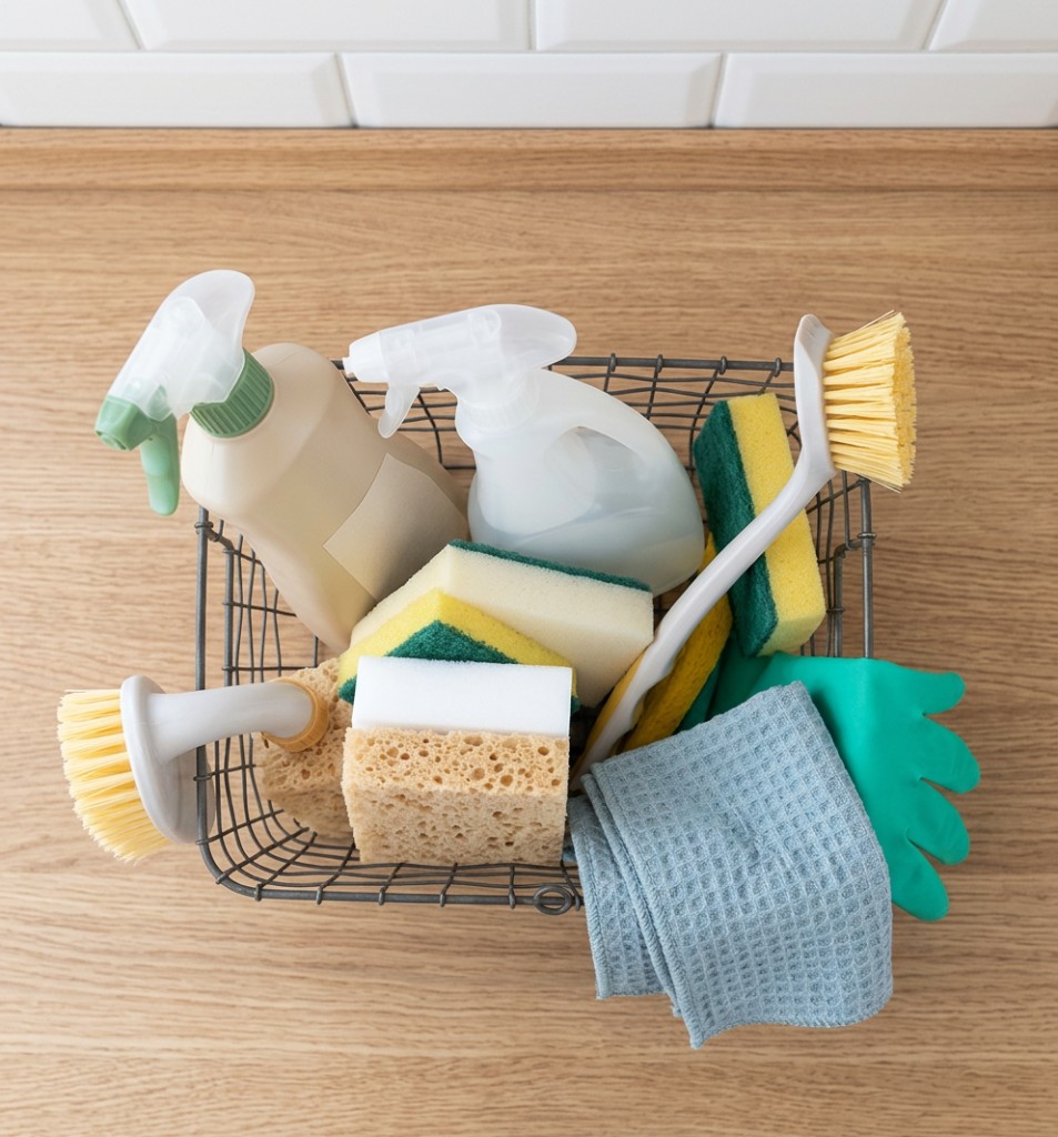 Cleaning supplies basket with sprays, sponges and cloths